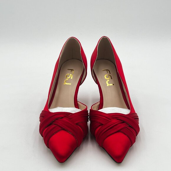 FSJ Red Women Low Kitten Heels Pointed Toe Slip on Pumps D'Orsay Pleated Satin - Picture 2 of 5